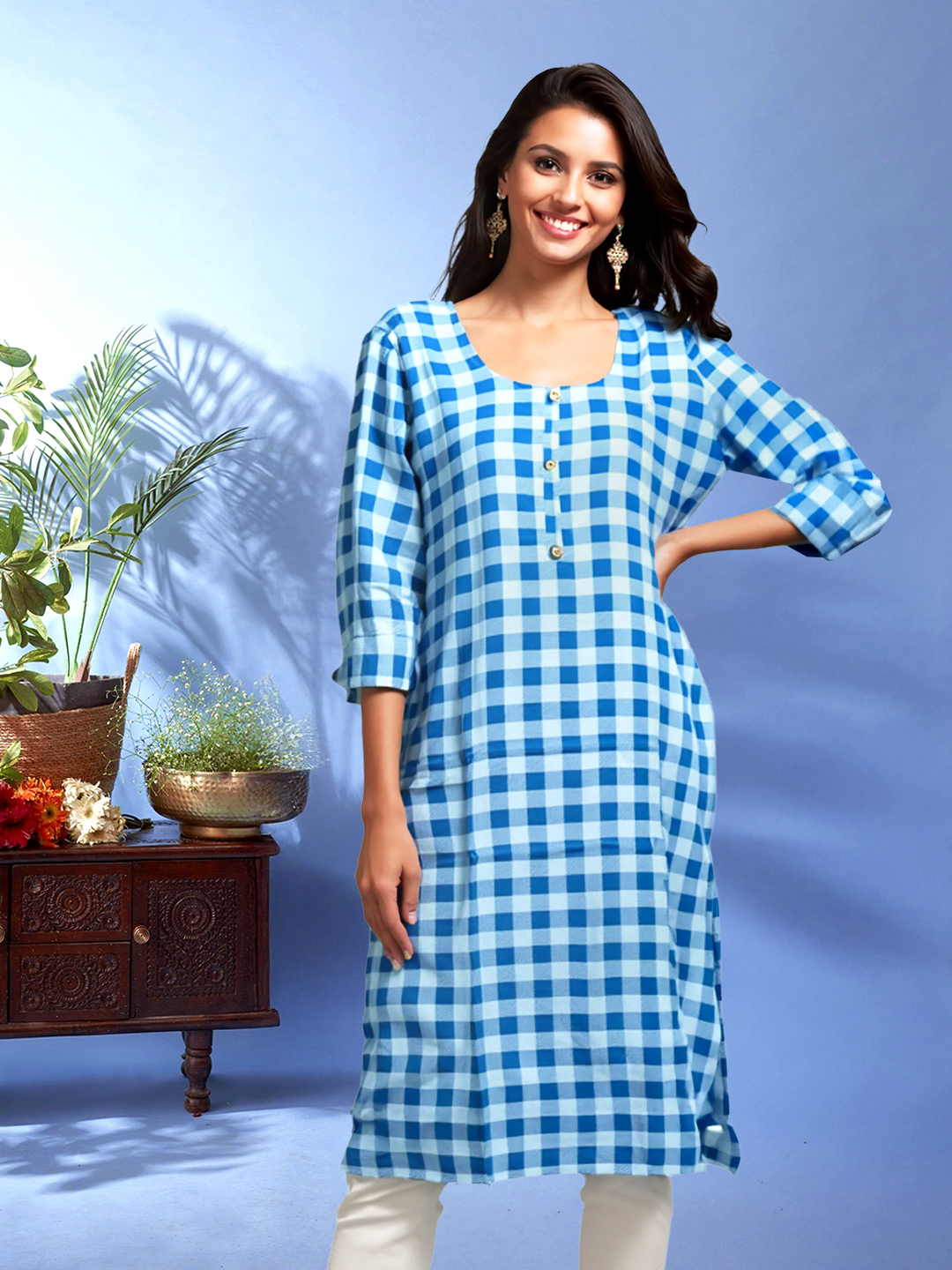 Picture of Breezy Elegance Checkered Print Straight  Kurta